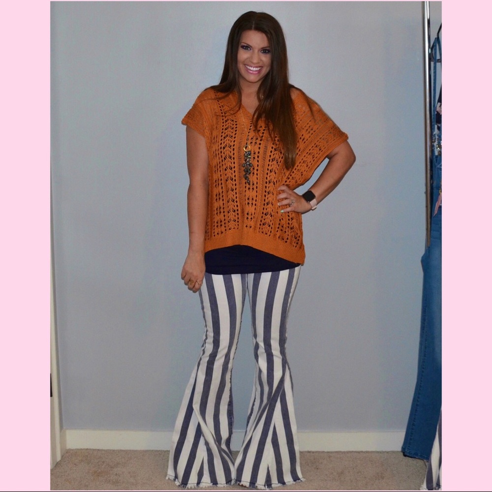 Striped Fringe Bell Bottom Jeans - Picture 3 of 9